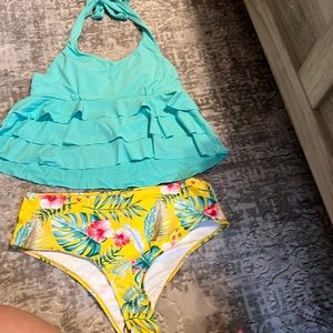 Teal and flower print XL swimsuit